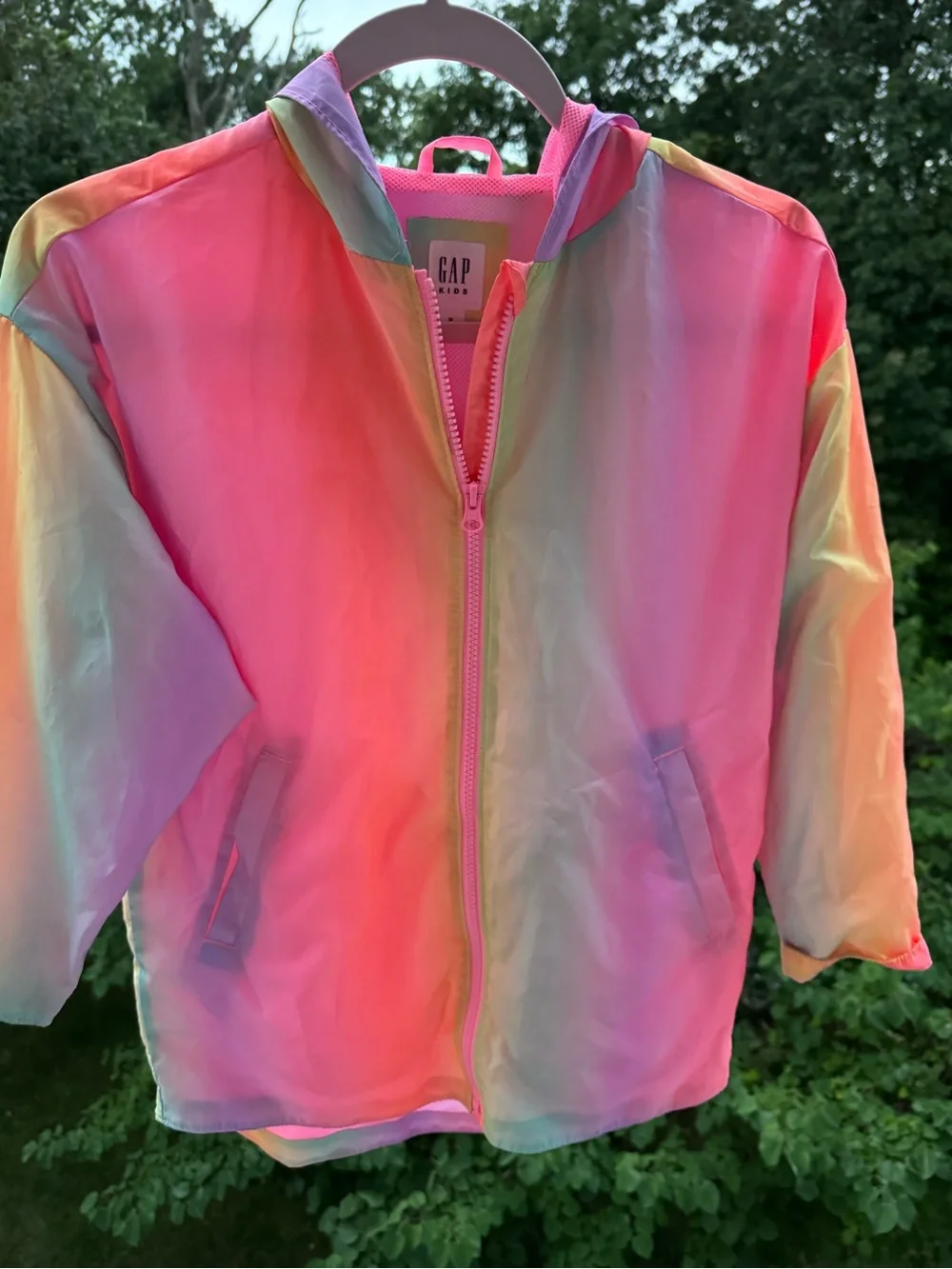 GAP Pastel Rainbow Hooded Raincoat in Pink, Yellow, Blue